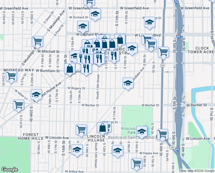 map of restaurants, bars, coffee shops, grocery stores, and more near 2008 South 12th Street in Milwaukee