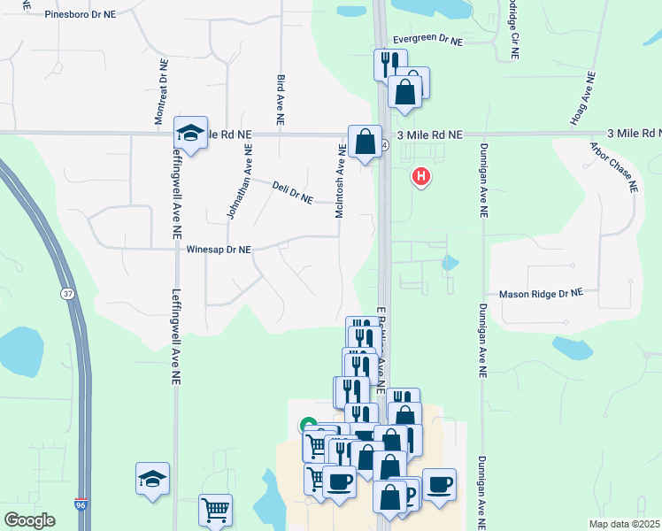 map of restaurants, bars, coffee shops, grocery stores, and more near 2525 McIntosh Avenue Northeast in Grand Rapids charter Township