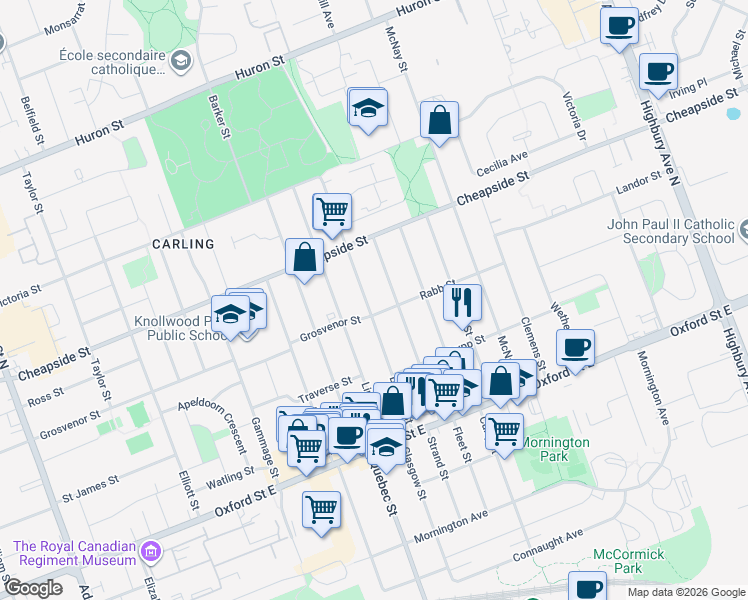 map of restaurants, bars, coffee shops, grocery stores, and more near 87 Boullee Street in London