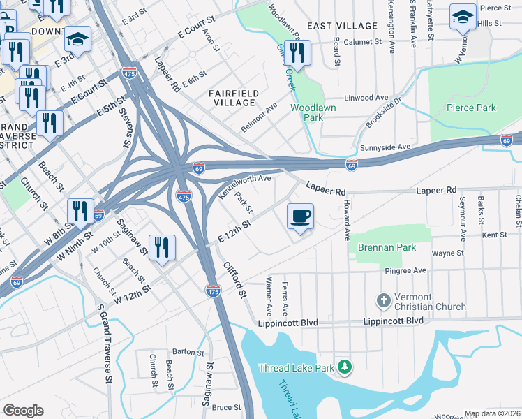 map of restaurants, bars, coffee shops, grocery stores, and more near 528 East 12th Street in Flint