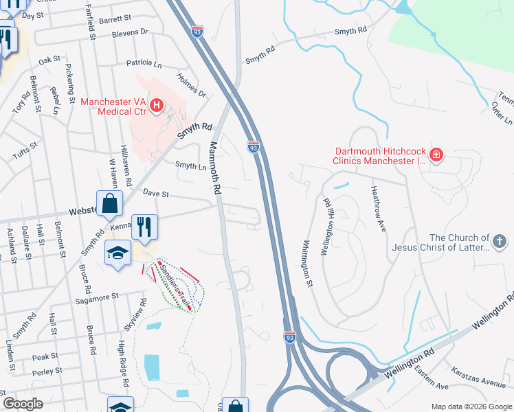 map of restaurants, bars, coffee shops, grocery stores, and more near 411A Kennard Road in Manchester