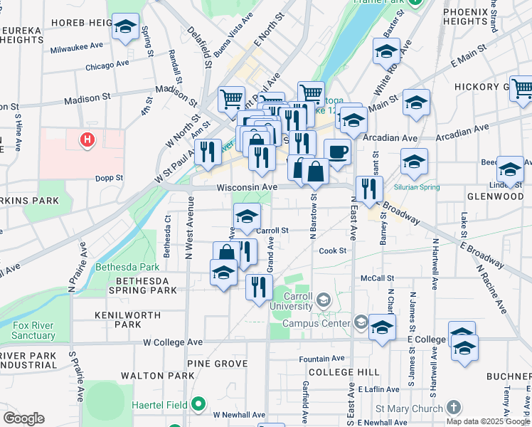 map of restaurants, bars, coffee shops, grocery stores, and more near 520 North Grand Avenue in Waukesha