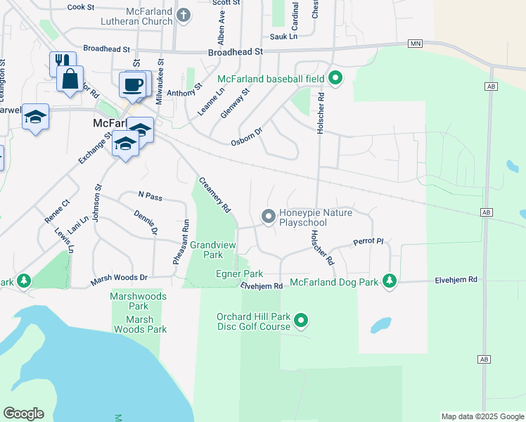 map of restaurants, bars, coffee shops, grocery stores, and more near 6209 Spring Pond Court in McFarland