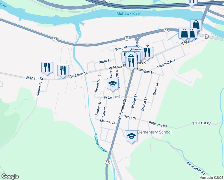 map of restaurants, bars, coffee shops, grocery stores, and more near 28 Grove Street in Mohawk