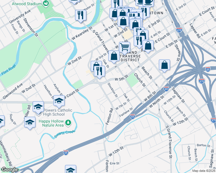 map of restaurants, bars, coffee shops, grocery stores, and more near 1014 Stockton Street in Flint