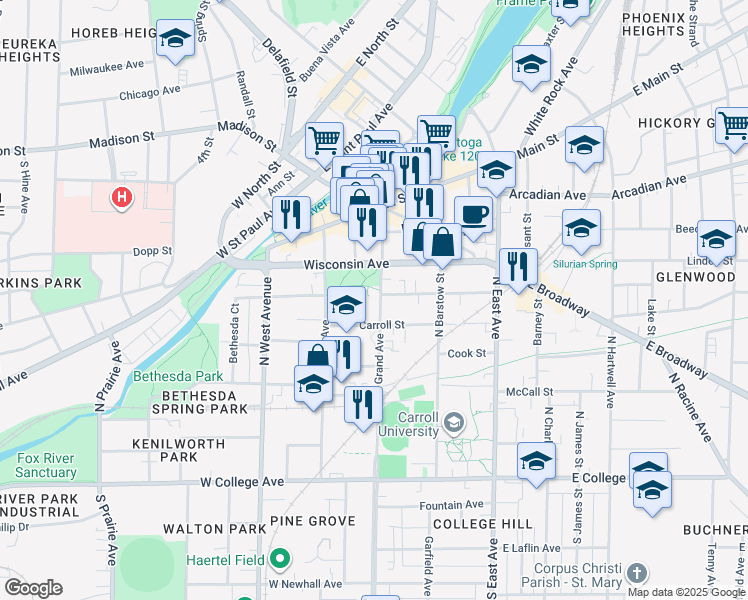 map of restaurants, bars, coffee shops, grocery stores, and more near 520 North Grand Avenue in Waukesha