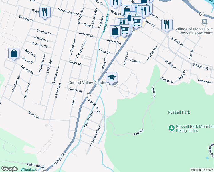map of restaurants, bars, coffee shops, grocery stores, and more near 1 Golden Bomber Dr in Ilion