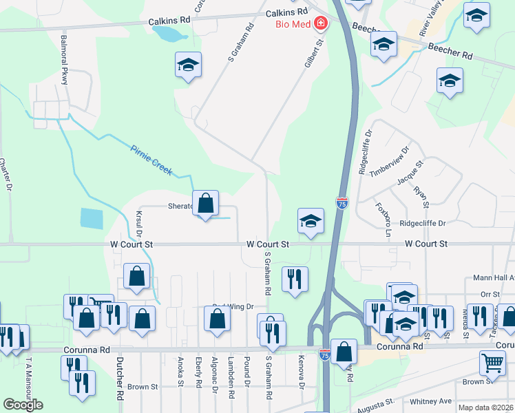 map of restaurants, bars, coffee shops, grocery stores, and more near 1424 South Graham Road in Flint
