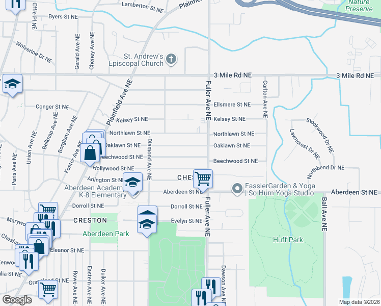 map of restaurants, bars, coffee shops, grocery stores, and more near 1139 Hollywood Street Northeast in Grand Rapids