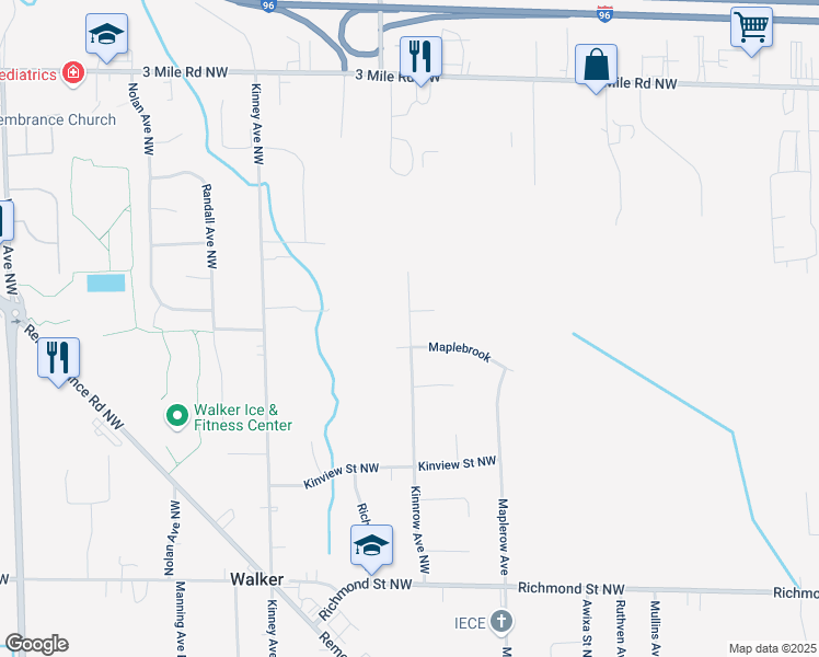 map of restaurants, bars, coffee shops, grocery stores, and more near 2355 Kinnrow Avenue Northwest in Grand Rapids