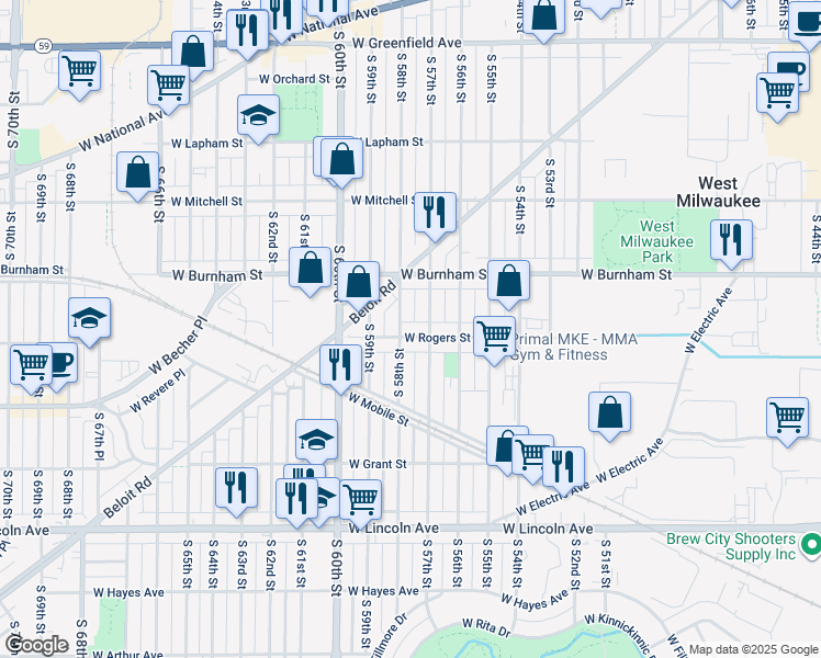 map of restaurants, bars, coffee shops, grocery stores, and more near 5701 West Rogers Street in West Allis