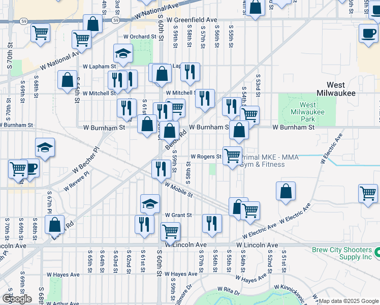 map of restaurants, bars, coffee shops, grocery stores, and more near 2019 South 58th Street in West Allis