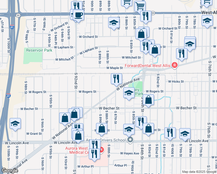 map of restaurants, bars, coffee shops, grocery stores, and more near 8809 West Rogers Street in West Allis