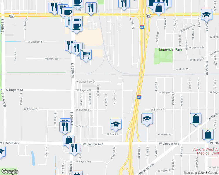 map of restaurants, bars, coffee shops, grocery stores, and more near 2005 South 103rd Court in West Allis