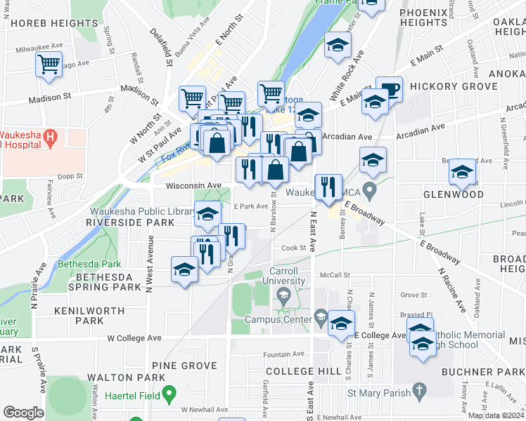 map of restaurants, bars, coffee shops, grocery stores, and more near 211 East Park Avenue in Waukesha