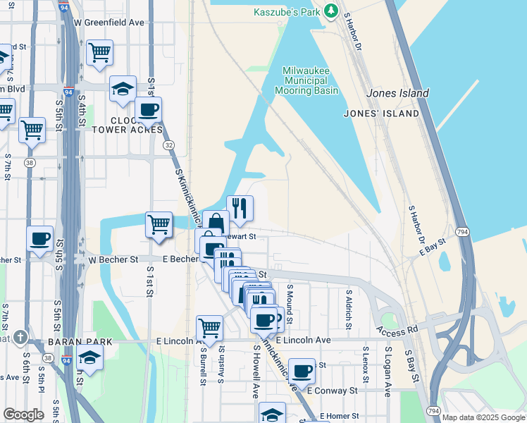 map of restaurants, bars, coffee shops, grocery stores, and more near 1977 South Allis Street in Milwaukee