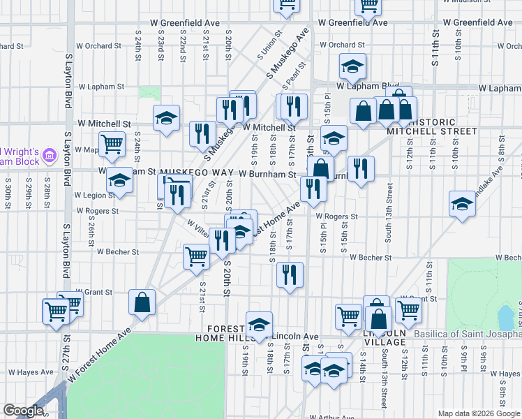 map of restaurants, bars, coffee shops, grocery stores, and more near 1822 West Rogers Street in Milwaukee