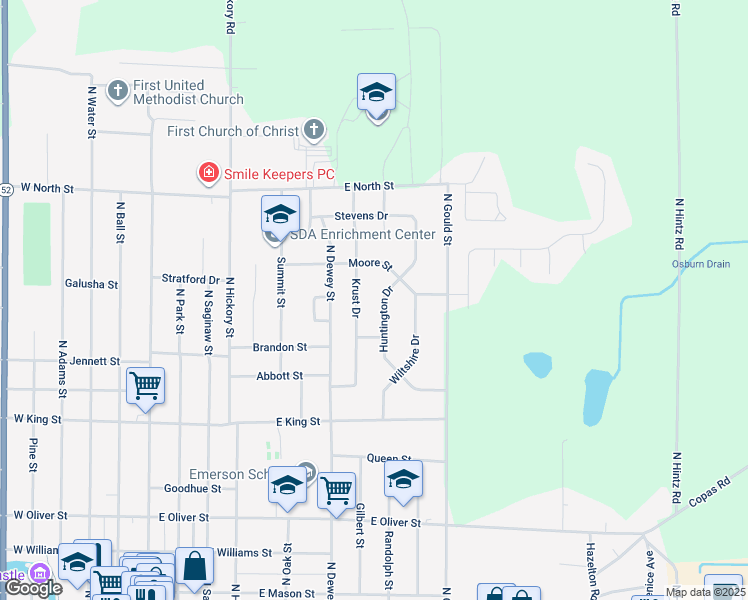 map of restaurants, bars, coffee shops, grocery stores, and more near 904 Huntington Drive in Owosso