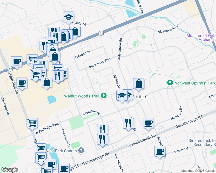 map of restaurants, bars, coffee shops, grocery stores, and more near 1717 Jubilee Drive in London