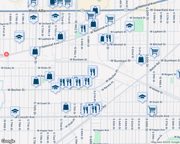 map of restaurants, bars, coffee shops, grocery stores, and more near 2000 South 68th Street in West Allis