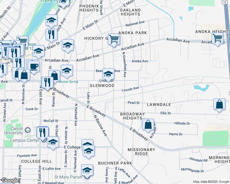 map of restaurants, bars, coffee shops, grocery stores, and more near 510 Oakland Avenue in Waukesha