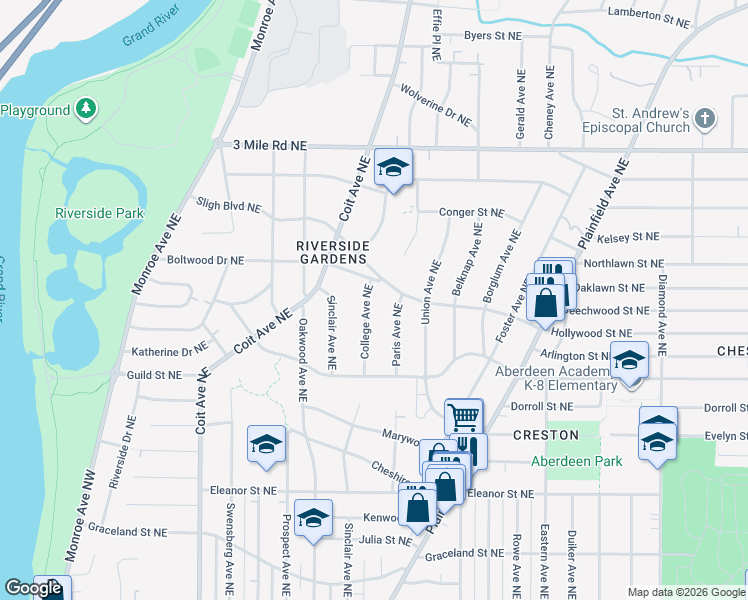 map of restaurants, bars, coffee shops, grocery stores, and more near 2451 College Avenue Northeast in Grand Rapids