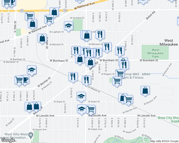map of restaurants, bars, coffee shops, grocery stores, and more near 5927 West Beloit Road in West Allis