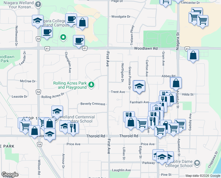map of restaurants, bars, coffee shops, grocery stores, and more near 318 First Avenue in Welland