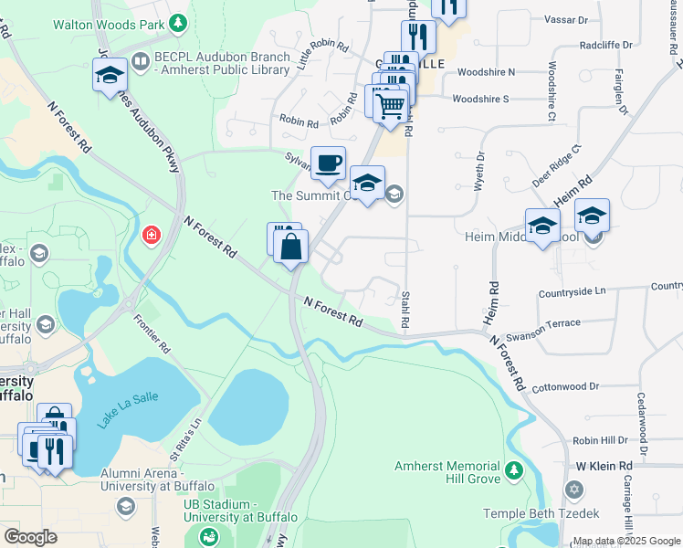 map of restaurants, bars, coffee shops, grocery stores, and more near 2210 North Forest Road in Buffalo