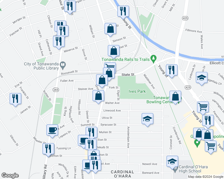 map of restaurants, bars, coffee shops, grocery stores, and more near 409 Delaware Street in Tonawanda