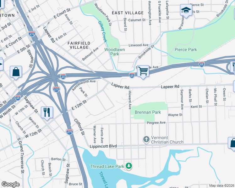 map of restaurants, bars, coffee shops, grocery stores, and more near 1913 Jasmine Avenue in Flint