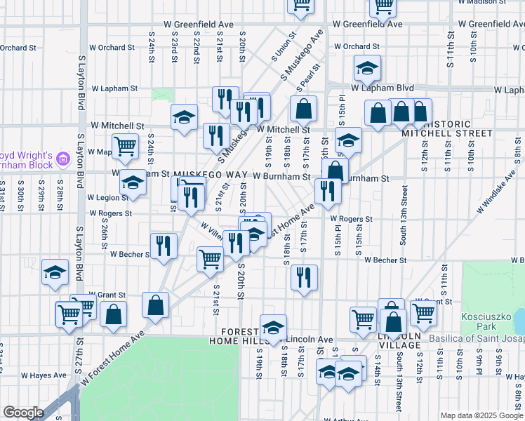 map of restaurants, bars, coffee shops, grocery stores, and more near 1923 West Rogers Street in Milwaukee