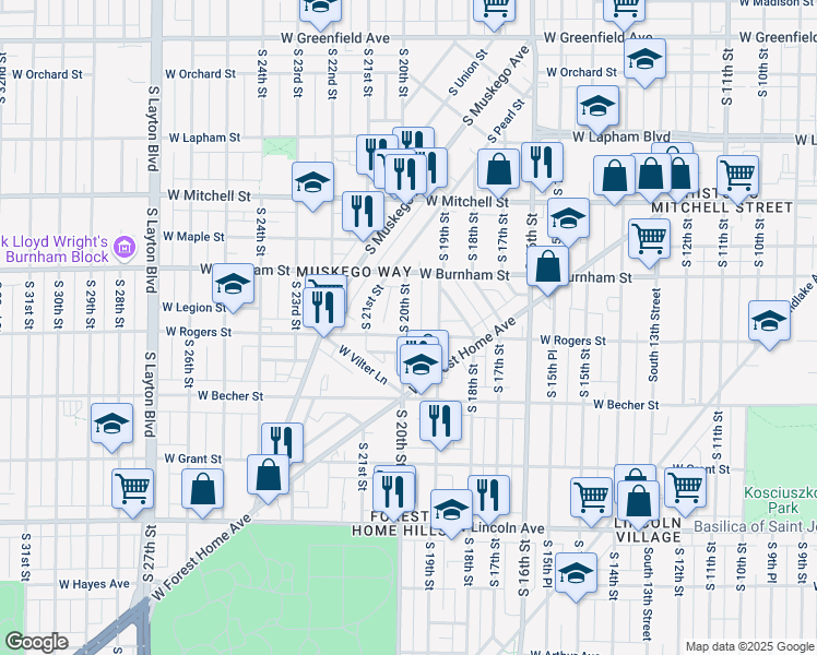 map of restaurants, bars, coffee shops, grocery stores, and more near 1923 West Rogers Street in Milwaukee
