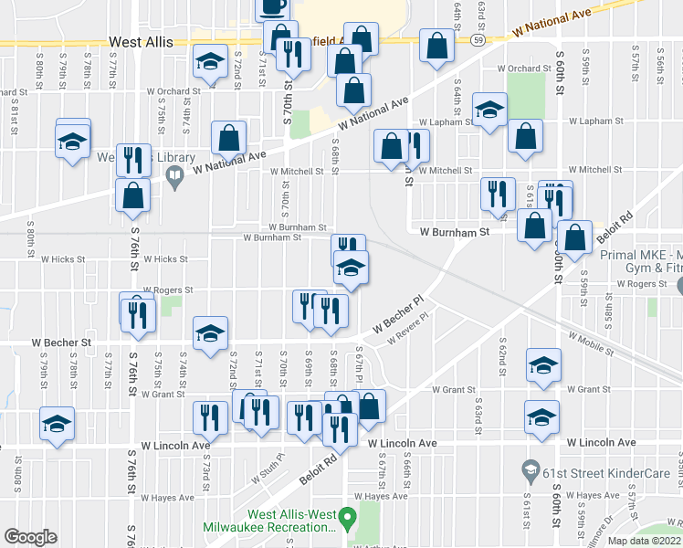 map of restaurants, bars, coffee shops, grocery stores, and more near 2000 South 68th Street in West Allis
