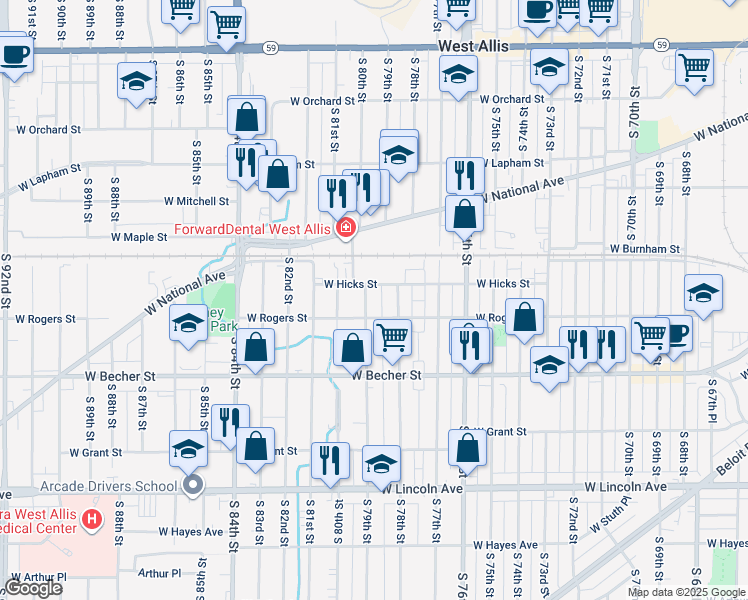 map of restaurants, bars, coffee shops, grocery stores, and more near 7827 West Rogers Street in West Allis