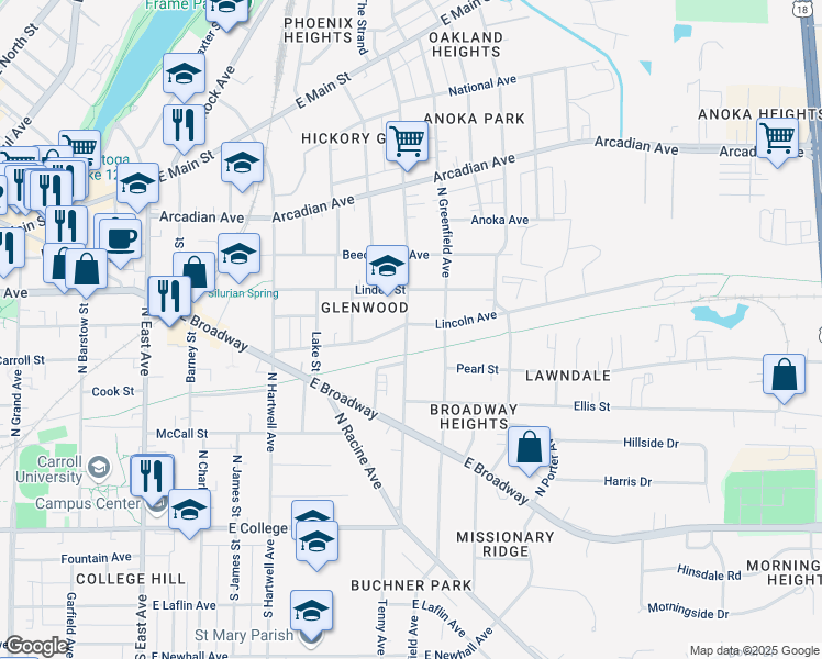 map of restaurants, bars, coffee shops, grocery stores, and more near 510 Oakland Avenue in Waukesha