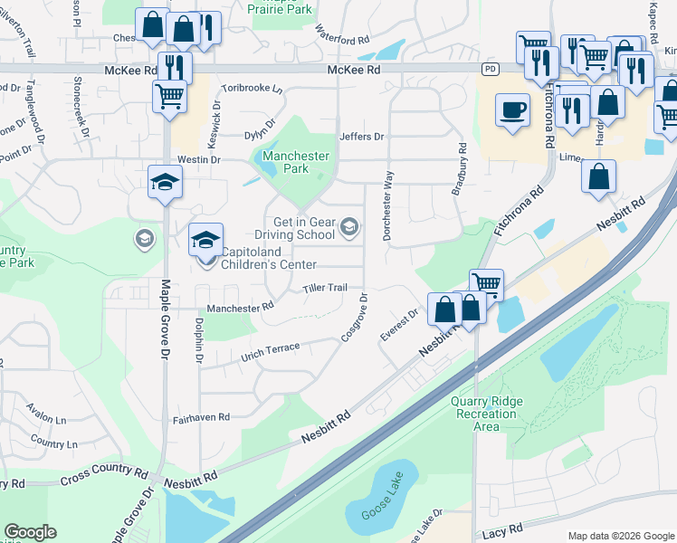 map of restaurants, bars, coffee shops, grocery stores, and more near 6233 Tiller Trail in Madison