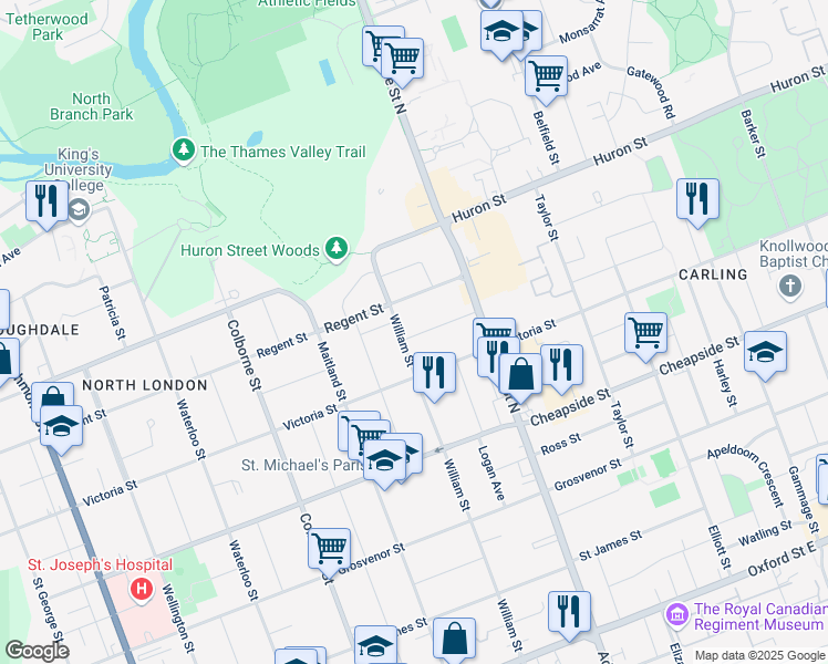 map of restaurants, bars, coffee shops, grocery stores, and more near 1064 William Street in London