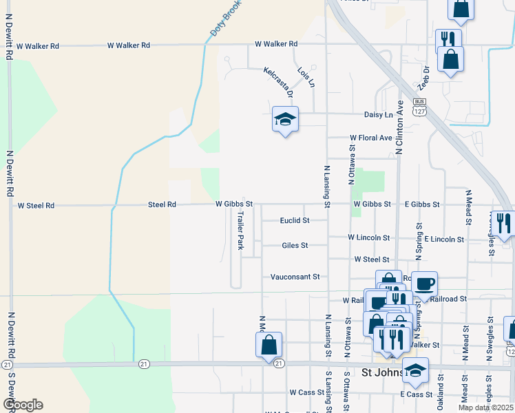 map of restaurants, bars, coffee shops, grocery stores, and more near 701 North Morton Street in Saint Johns