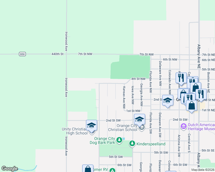 map of restaurants, bars, coffee shops, grocery stores, and more near Louisiana Avenue Northwest in Orange City