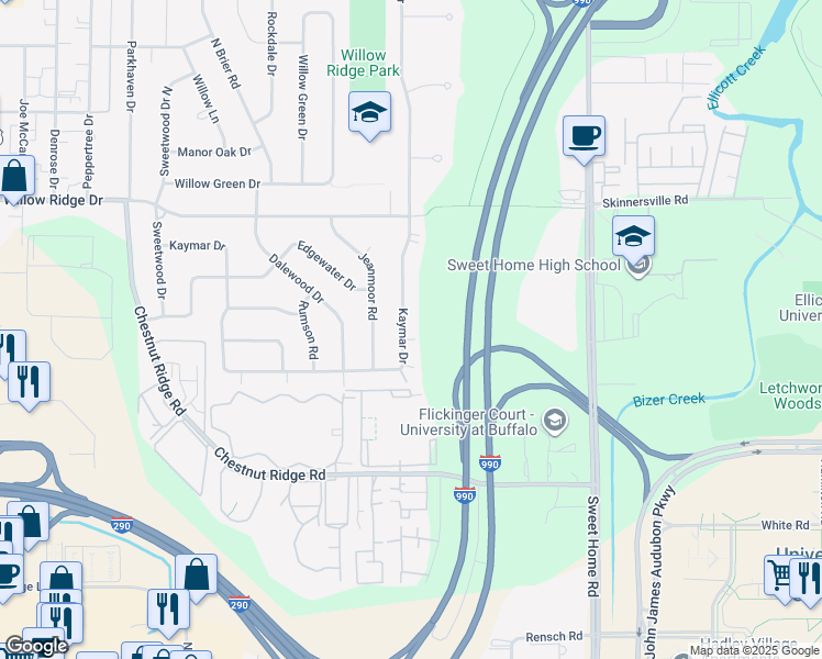 map of restaurants, bars, coffee shops, grocery stores, and more near 365 Kaymar Drive in Buffalo