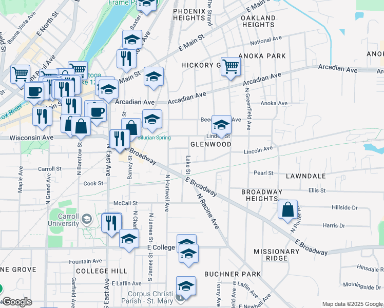 map of restaurants, bars, coffee shops, grocery stores, and more near 511 Lake Street in Waukesha