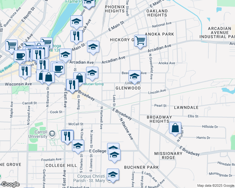 map of restaurants, bars, coffee shops, grocery stores, and more near 511 Lake Street in Waukesha