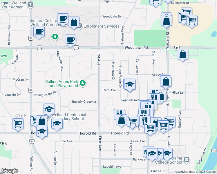 map of restaurants, bars, coffee shops, grocery stores, and more near 77 Brant Avenue in Welland