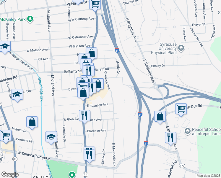 map of restaurants, bars, coffee shops, grocery stores, and more near 417 Churchill Avenue in Syracuse