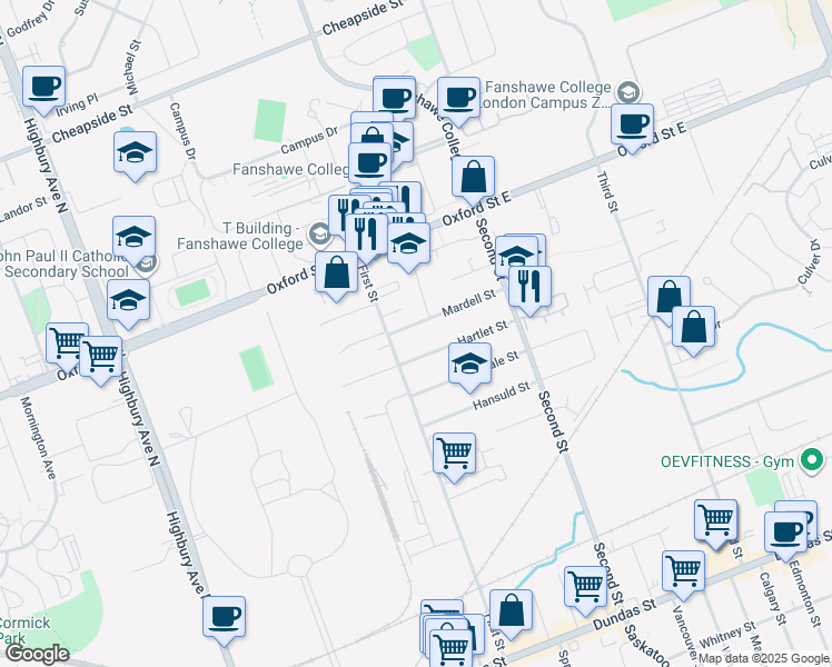 map of restaurants, bars, coffee shops, grocery stores, and more near 1611 Mardell Street in London