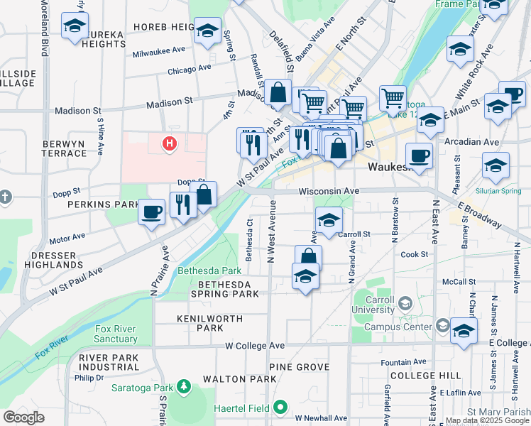 map of restaurants, bars, coffee shops, grocery stores, and more near 519 Wisconsin Avenue in Waukesha