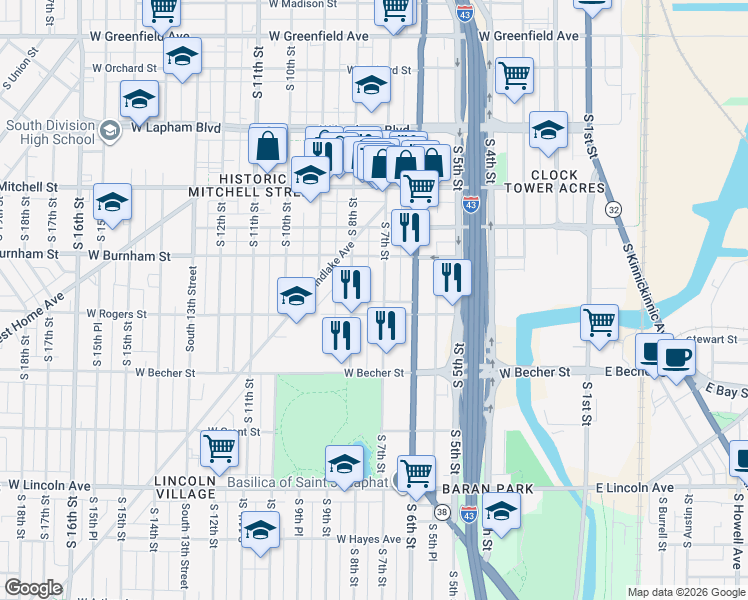 map of restaurants, bars, coffee shops, grocery stores, and more near 1924-1926 South 8th Street in Milwaukee