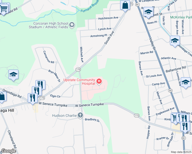 map of restaurants, bars, coffee shops, grocery stores, and more near 4900 Broad Road in Syracuse