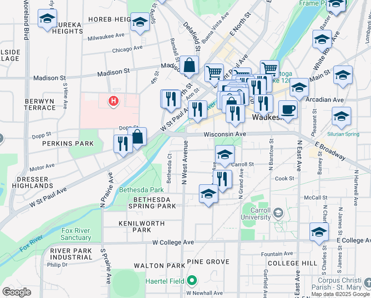 map of restaurants, bars, coffee shops, grocery stores, and more near 22300 Bluemound Road in Waukesha